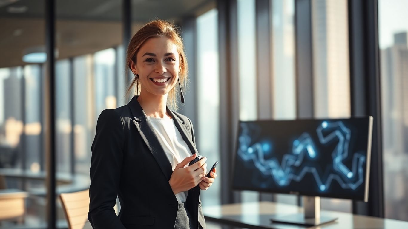 Professional woman with headset in a bright office with city view.