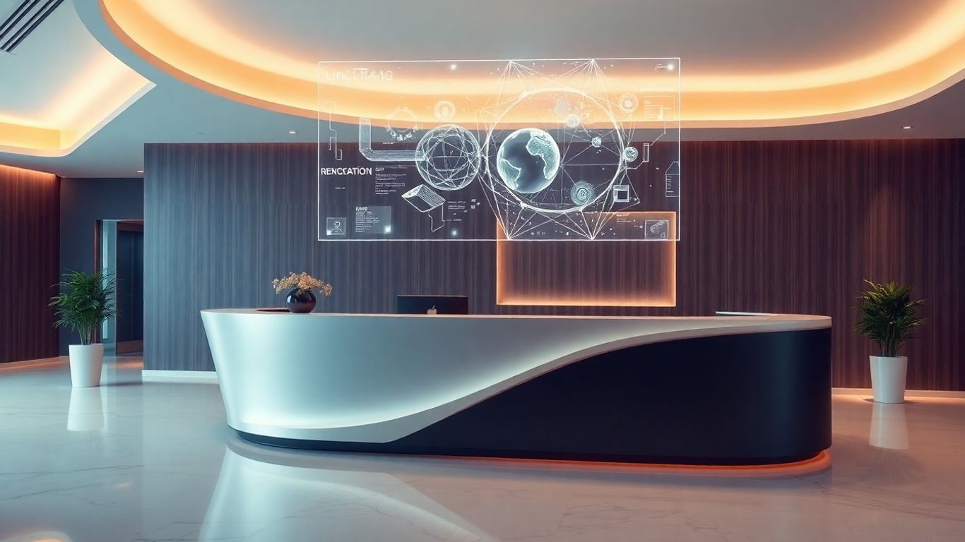Futuristic office reception desk with holographic interface.
