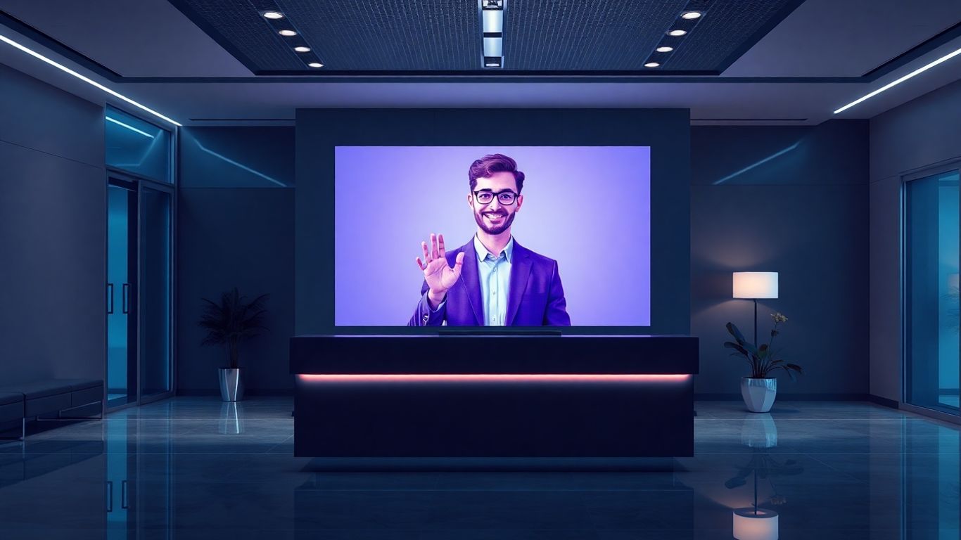 AI receptionist avatar greeting visitor in modern office