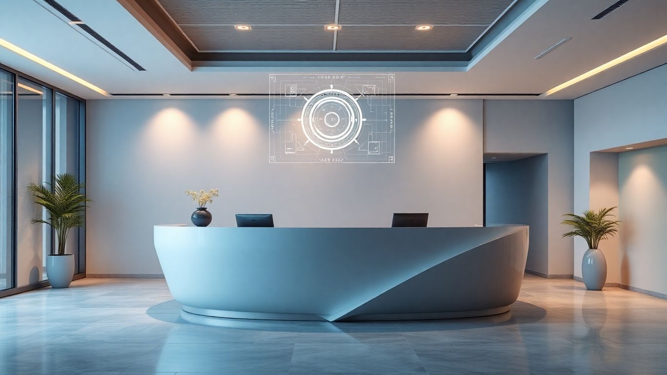 Modern office reception with holographic AI interface