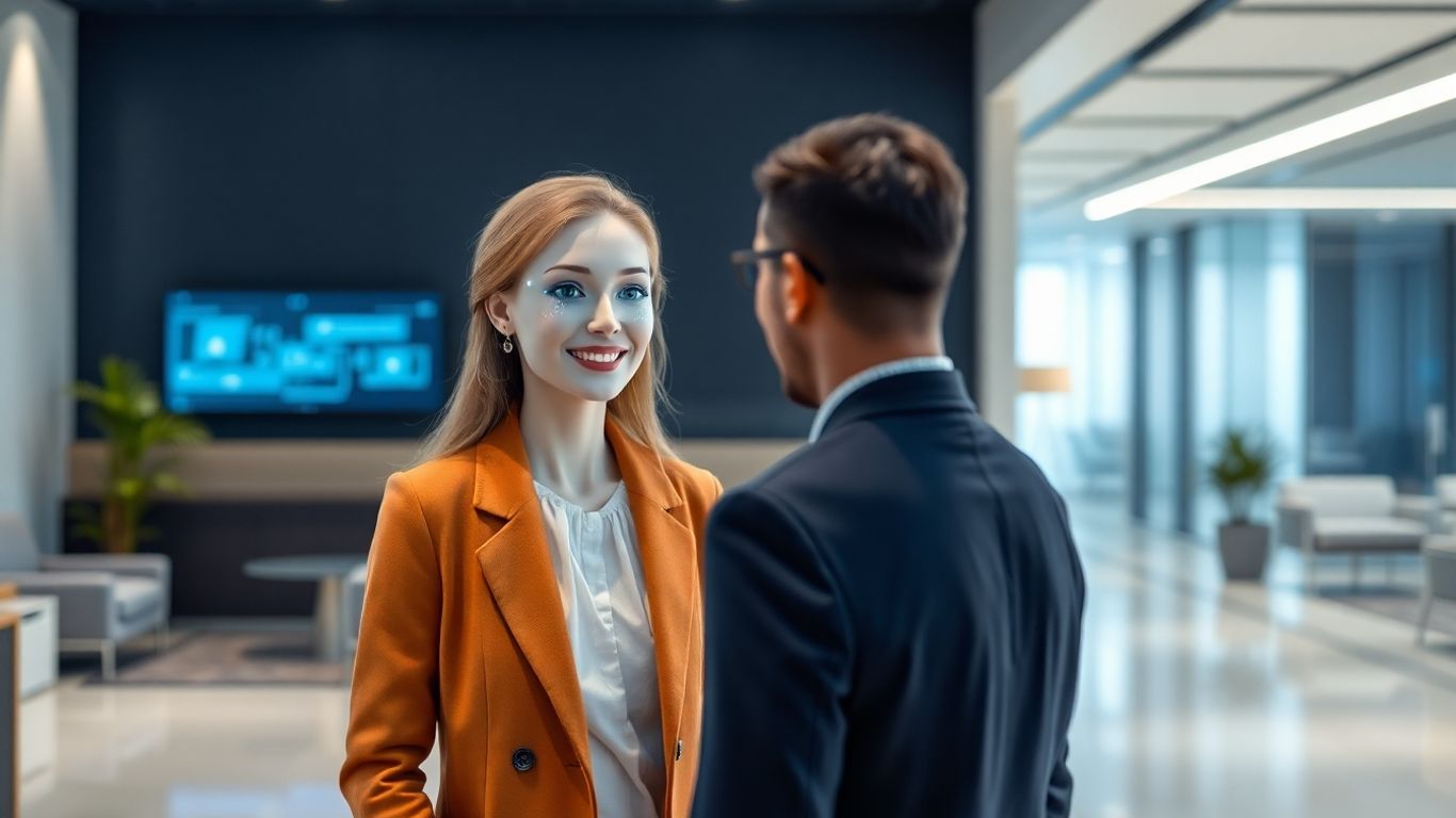 AI receptionist avatar greeting office visitor