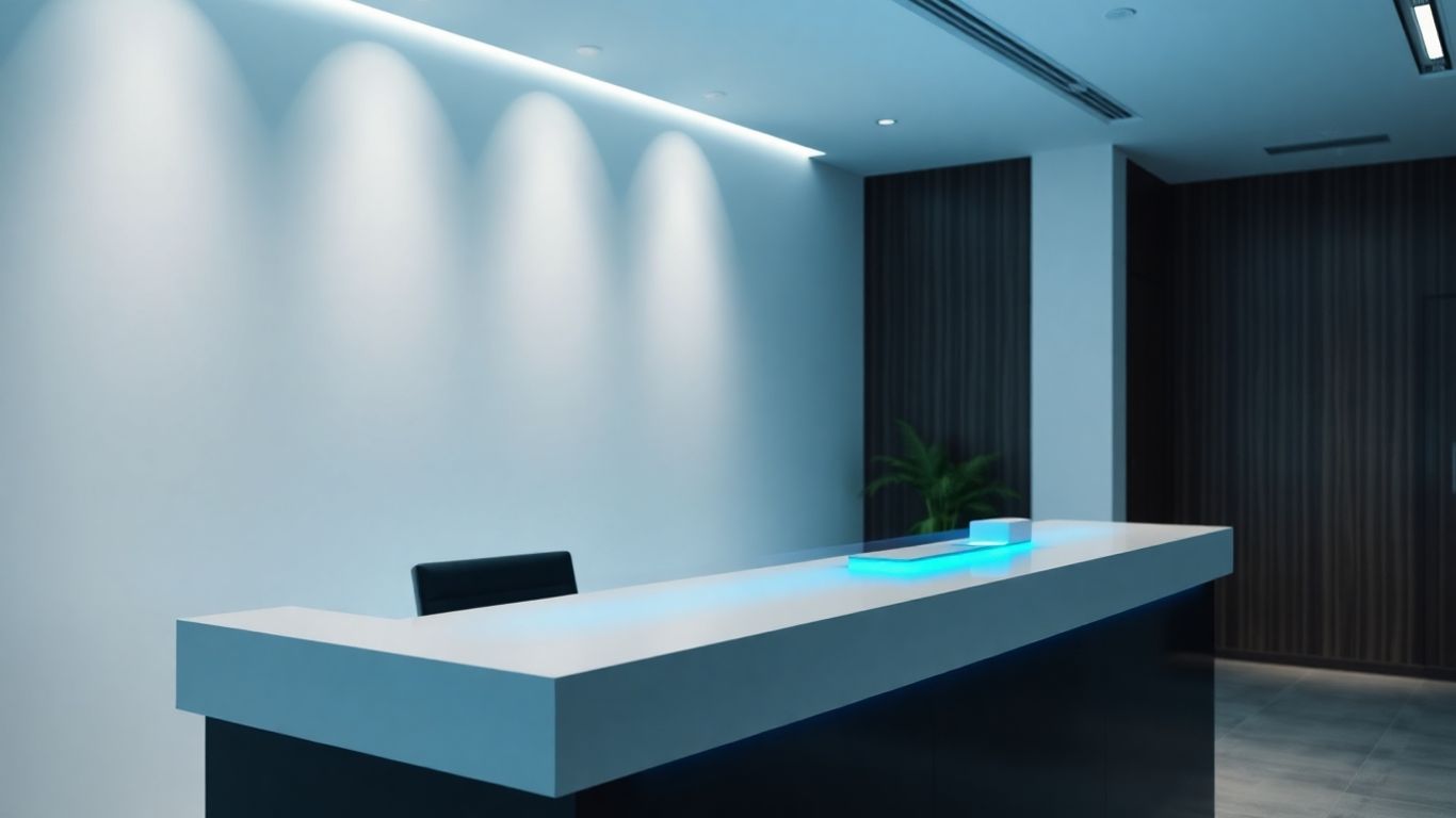 Modern reception desk with glowing blue AI device