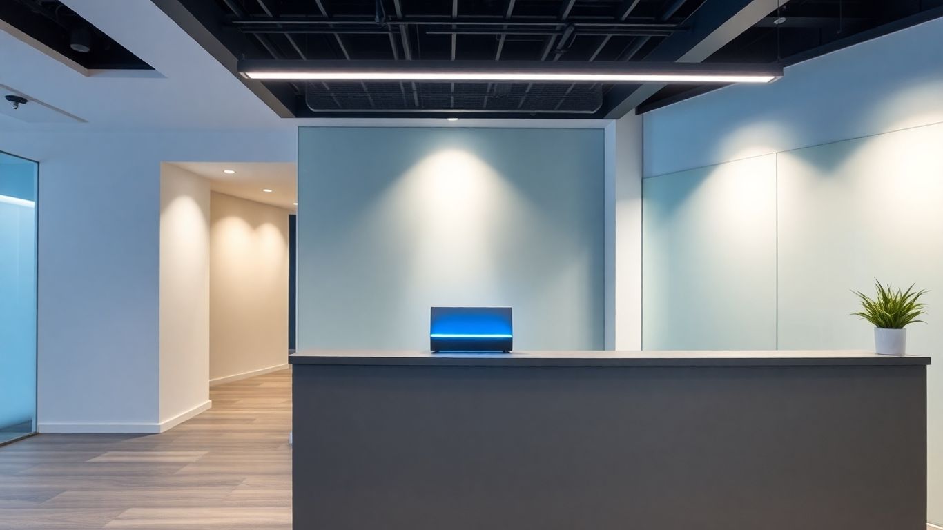 Voice AI receptionist device glowing blue on office desk.