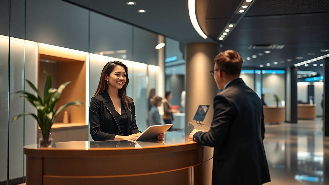 Professional receptionist assisting a client in a modern office.