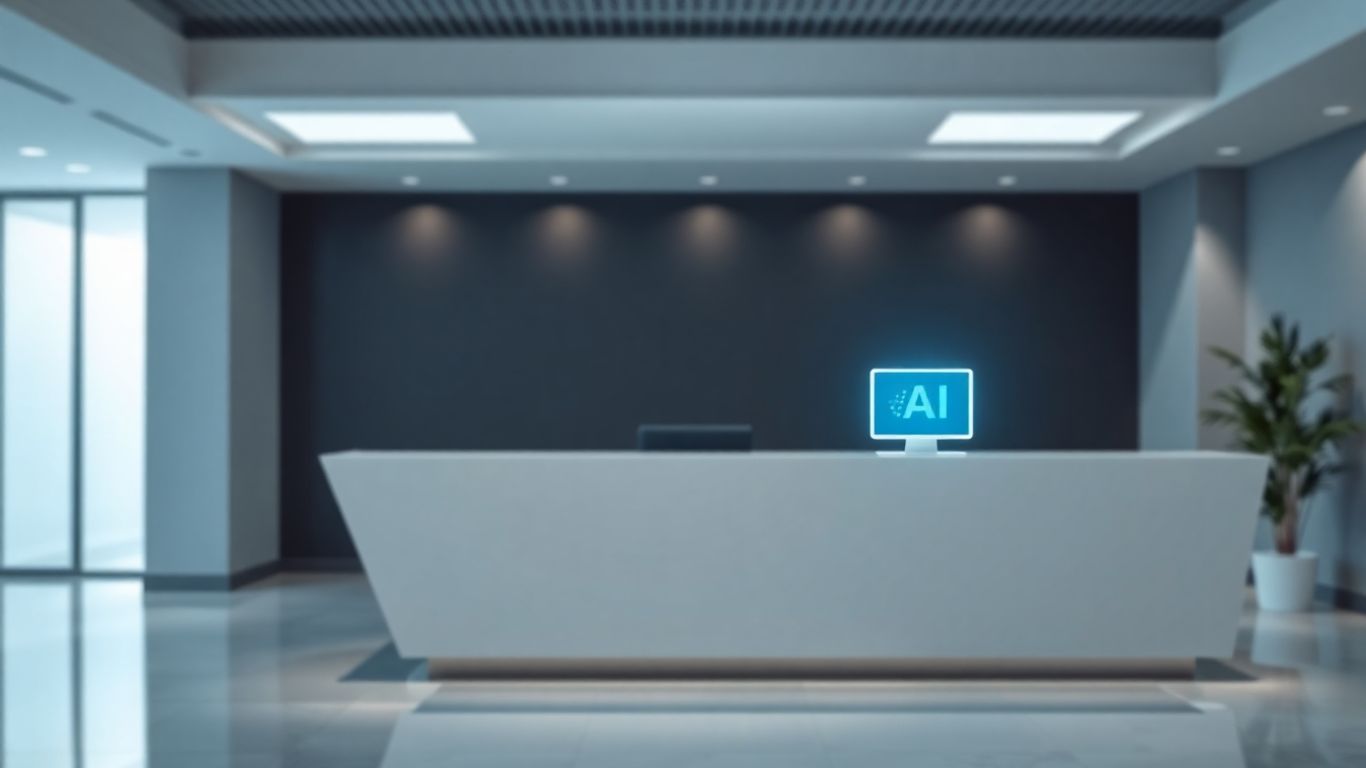AI receptionist device glowing blue on a modern office desk.