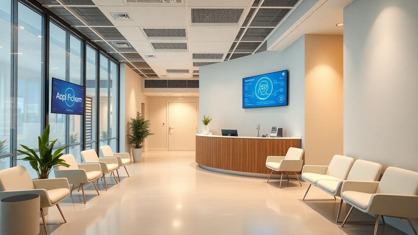 AI receptionist interface in a modern therapy clinic reception.