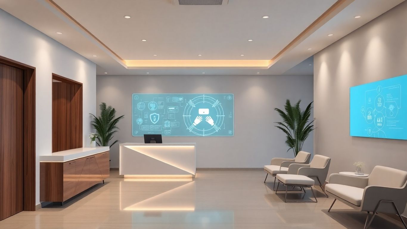 AI interface in a modern clinic reception area.