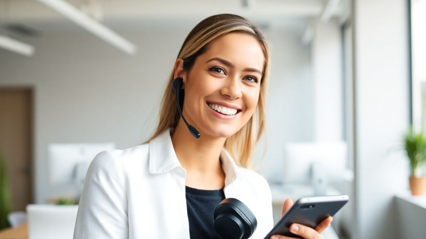 Professional woman with headset in modern office