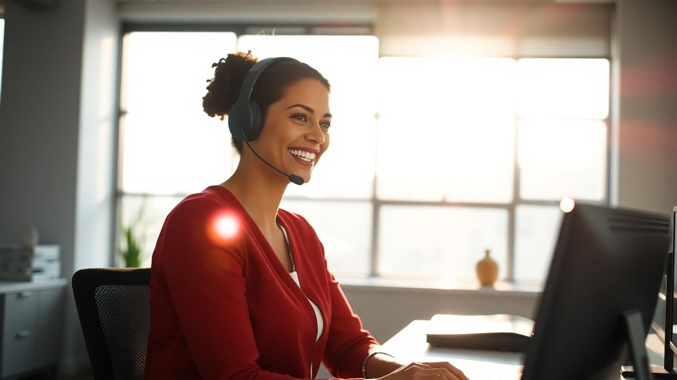 Professional woman wearing headset in a bright office.
