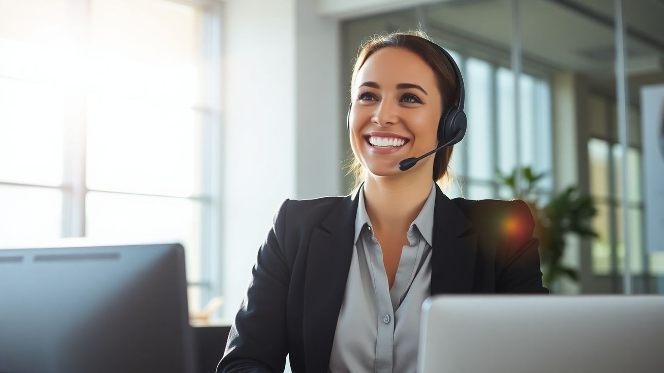Professional woman wearing headset, smiling at desk.