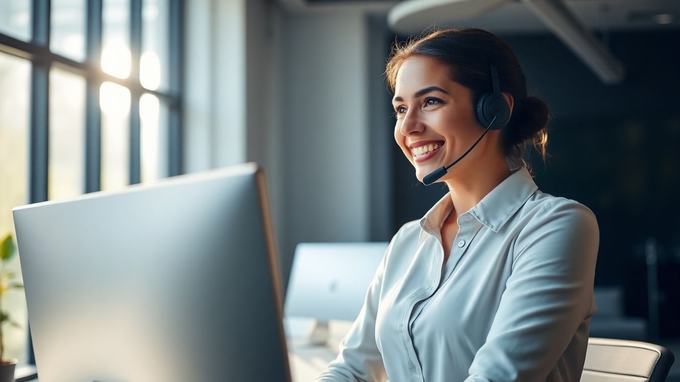 Professional woman with headset, efficient office environment.