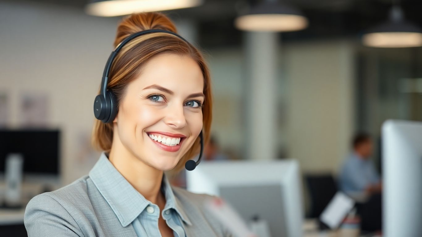 Professional woman wearing headset in office