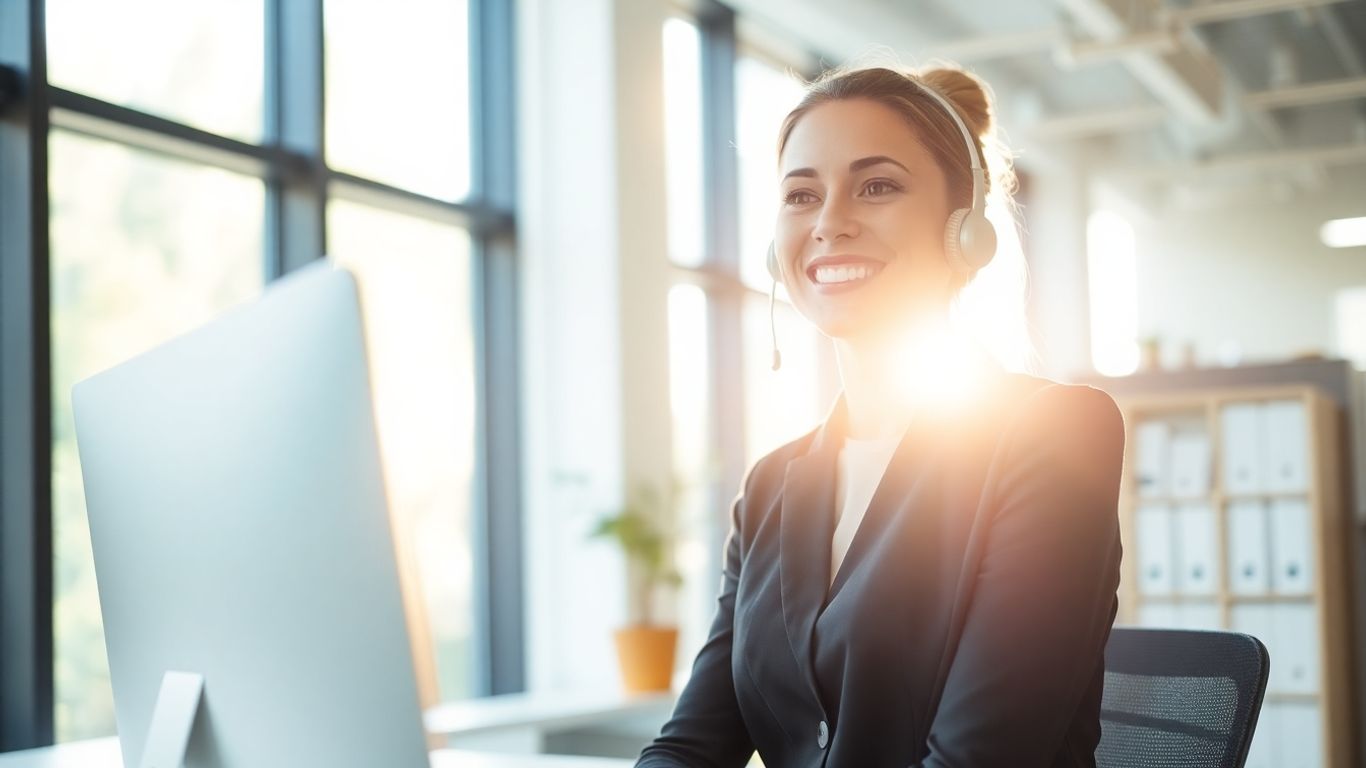 Professional woman with headset, smiling in a bright office.