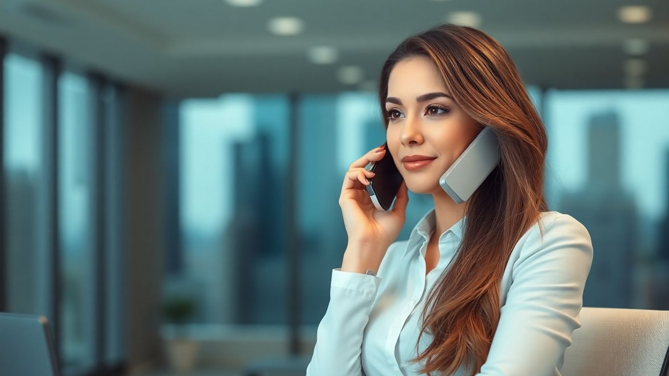 Professional woman answering phone in modern office
