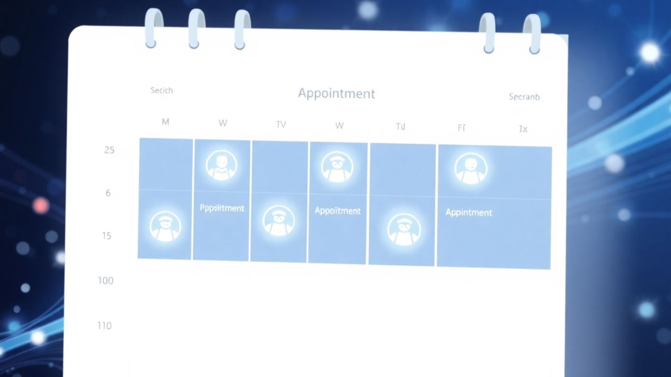 AI scheduling software interface with calendar and icons.