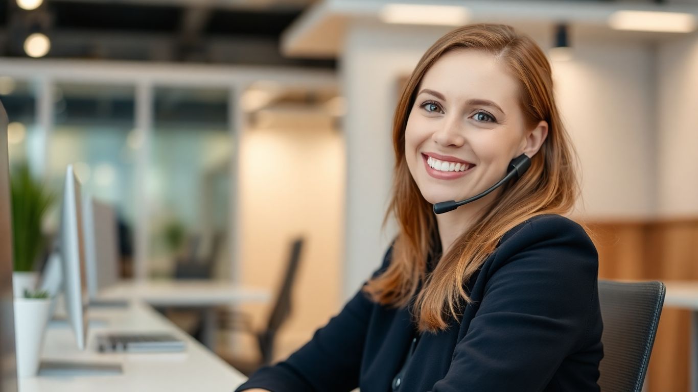 Professional woman with headset, smiling in an office setting.