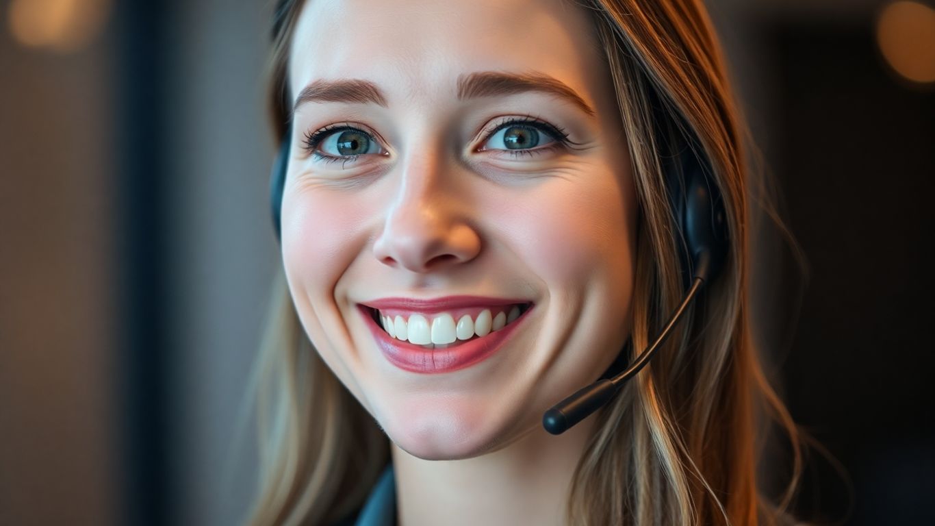 Professional woman with headset, smiling warmly.