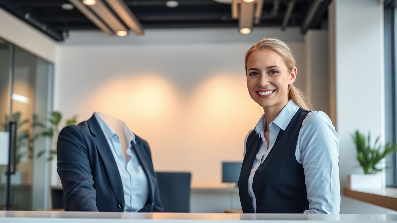 Friendly receptionist assisting a client in a modern office.