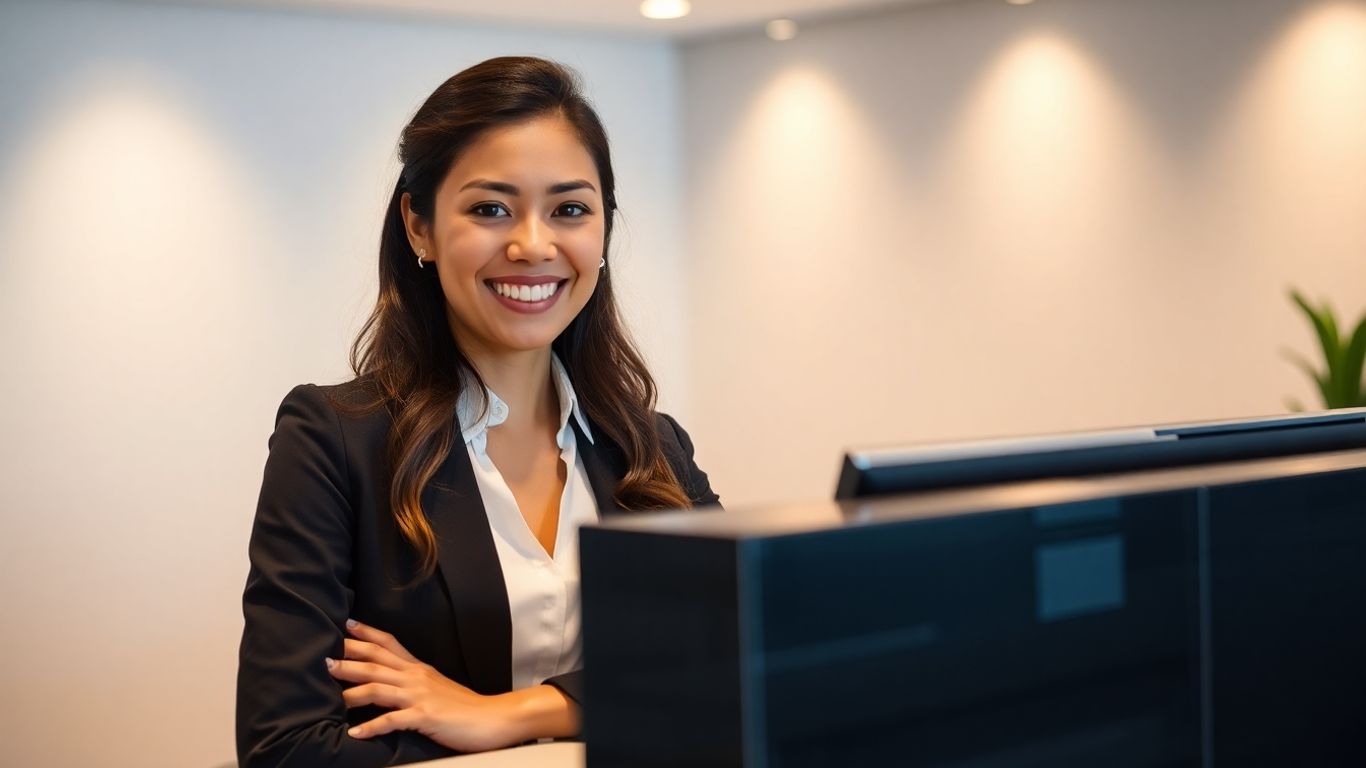 Professional receptionist at a modern desk