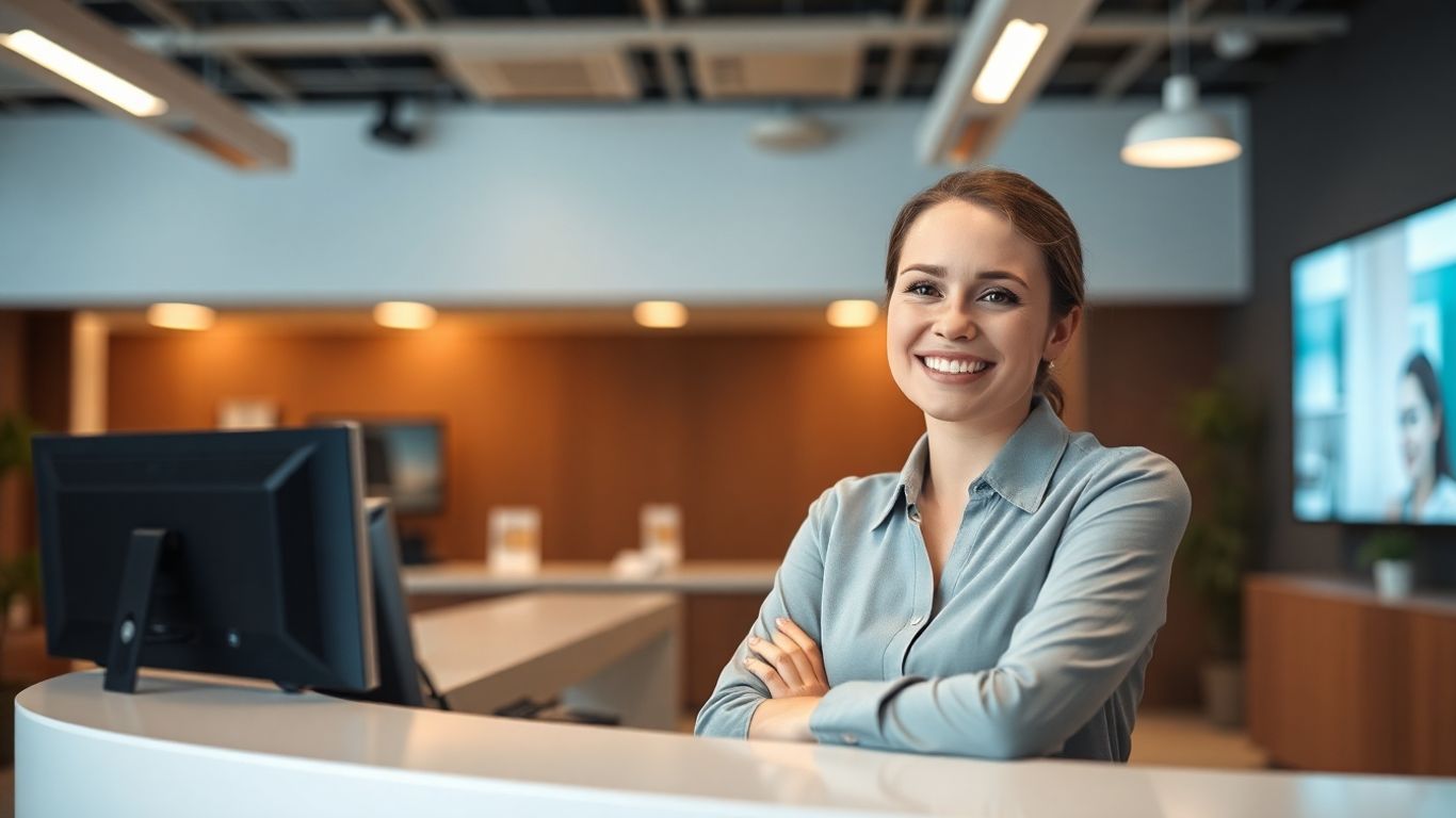 Professional receptionist assisting a client with a smile.