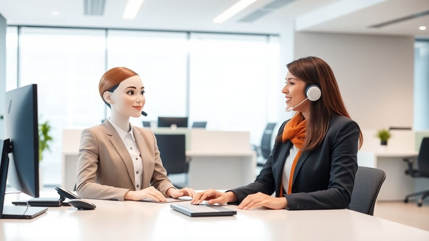 AI receptionist avatar assisting a caller in an office.