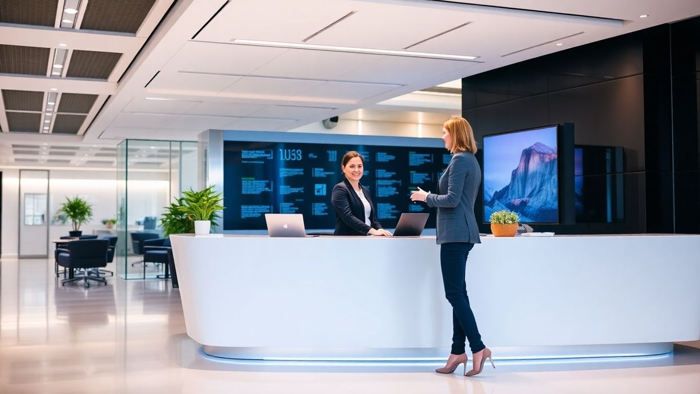 Receptionist assisting visitor in modern office.