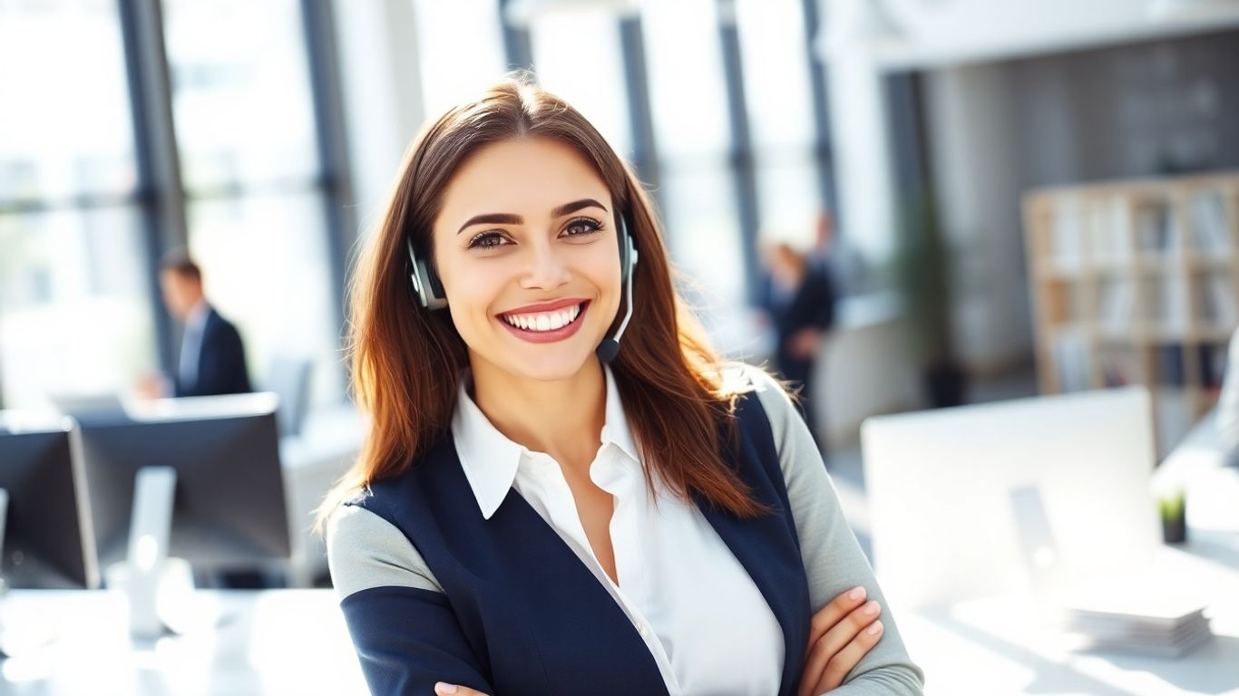 Professional woman using a headset in a modern office.