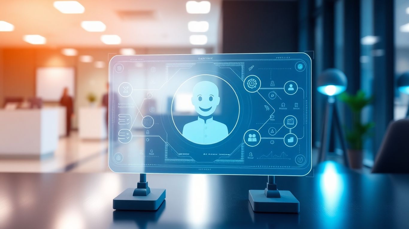 AI receptionist avatar on a futuristic desk
