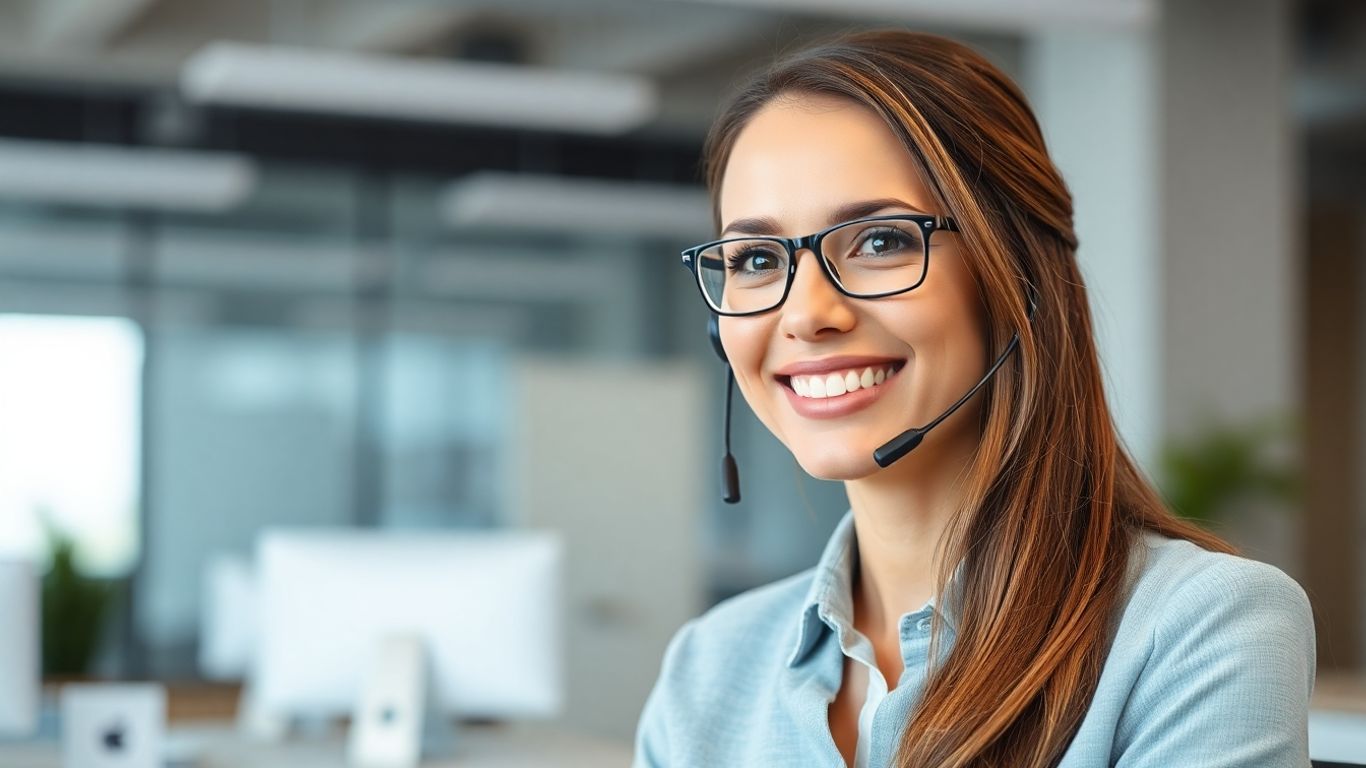 Professional woman wearing headset in a modern office.