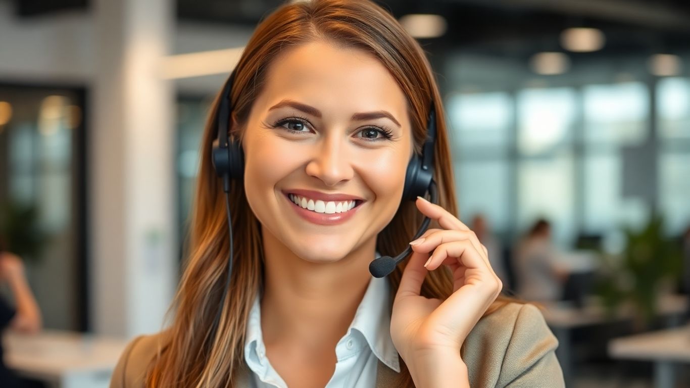 Professional woman wearing a headset, smiling in an office.