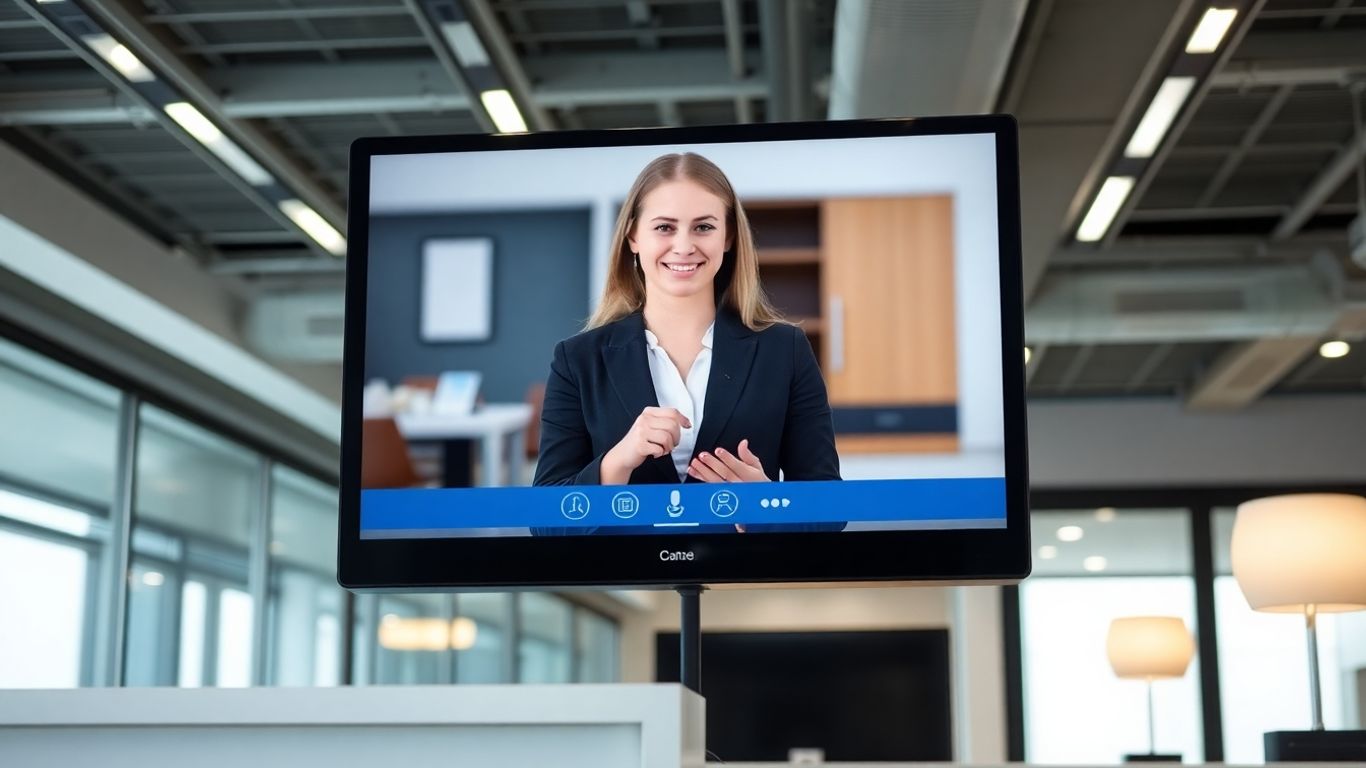 Virtual receptionist avatar managing appointments on a screen.