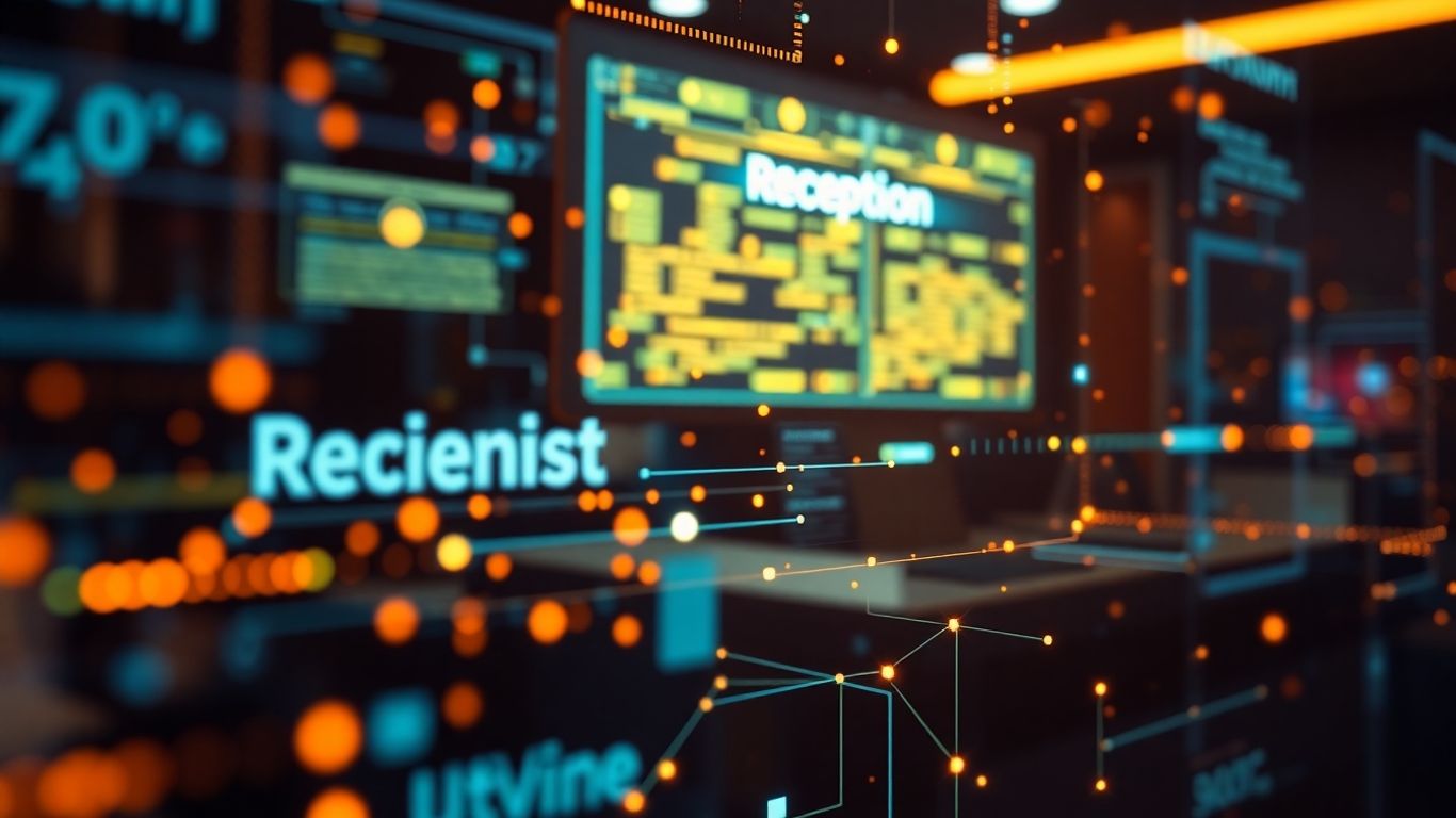 AI virtual receptionist interface with glowing data streams.