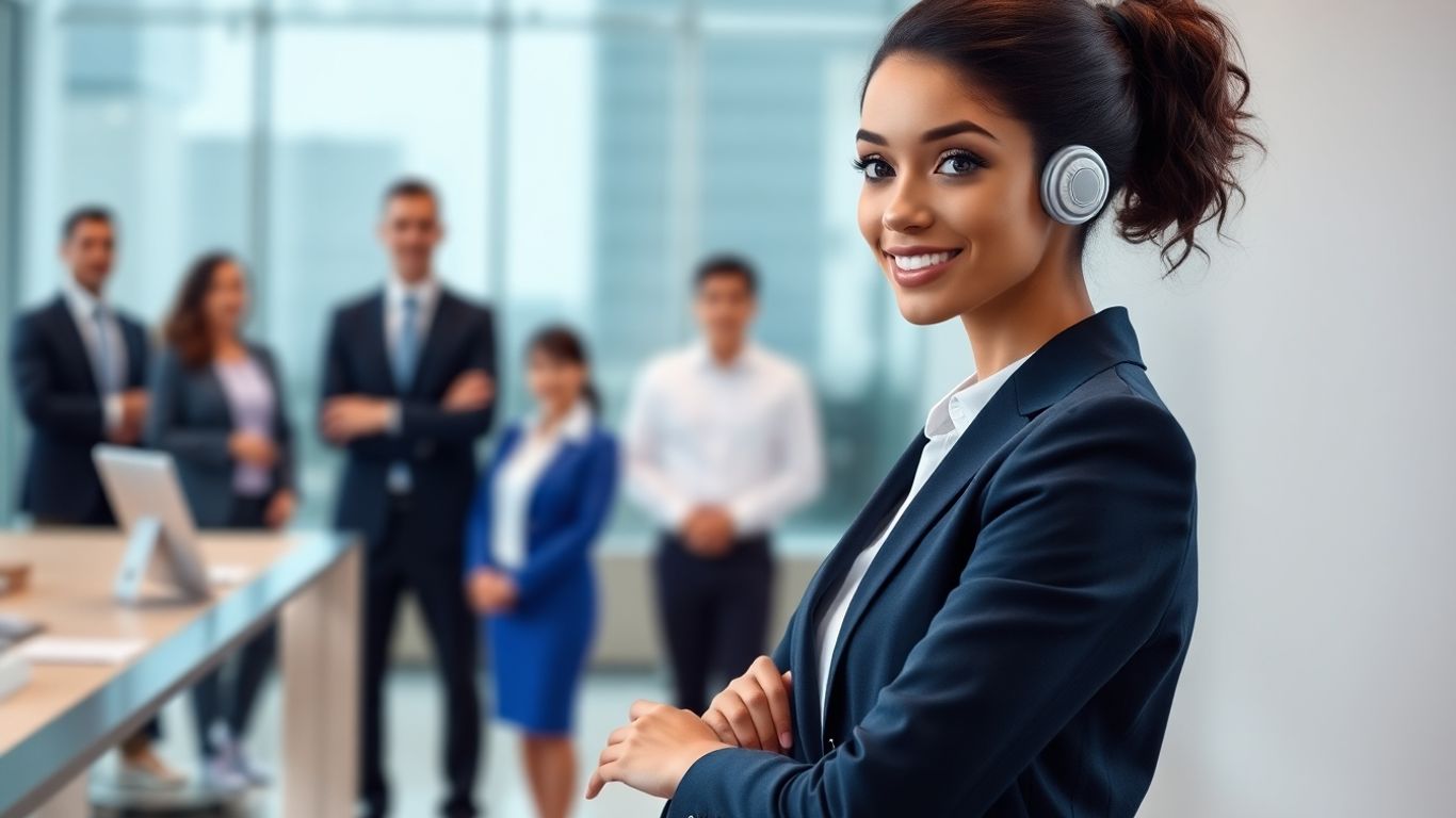 AI virtual receptionist avatar in a professional office.