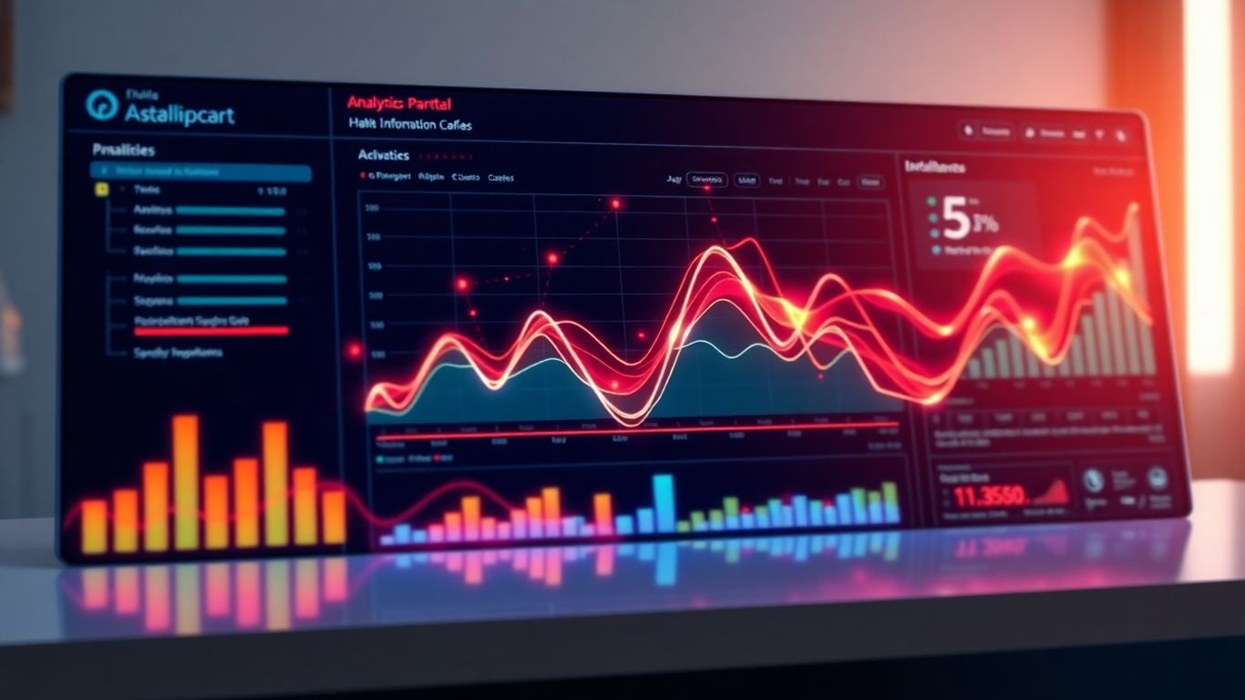 Glowing data visualizations on a futuristic analytics dashboard screen.