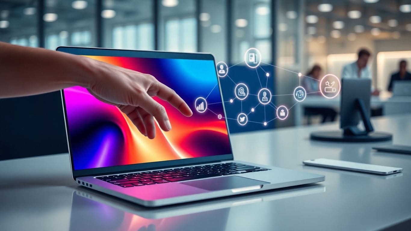 Digital interface with connected icons on a laptop screen.