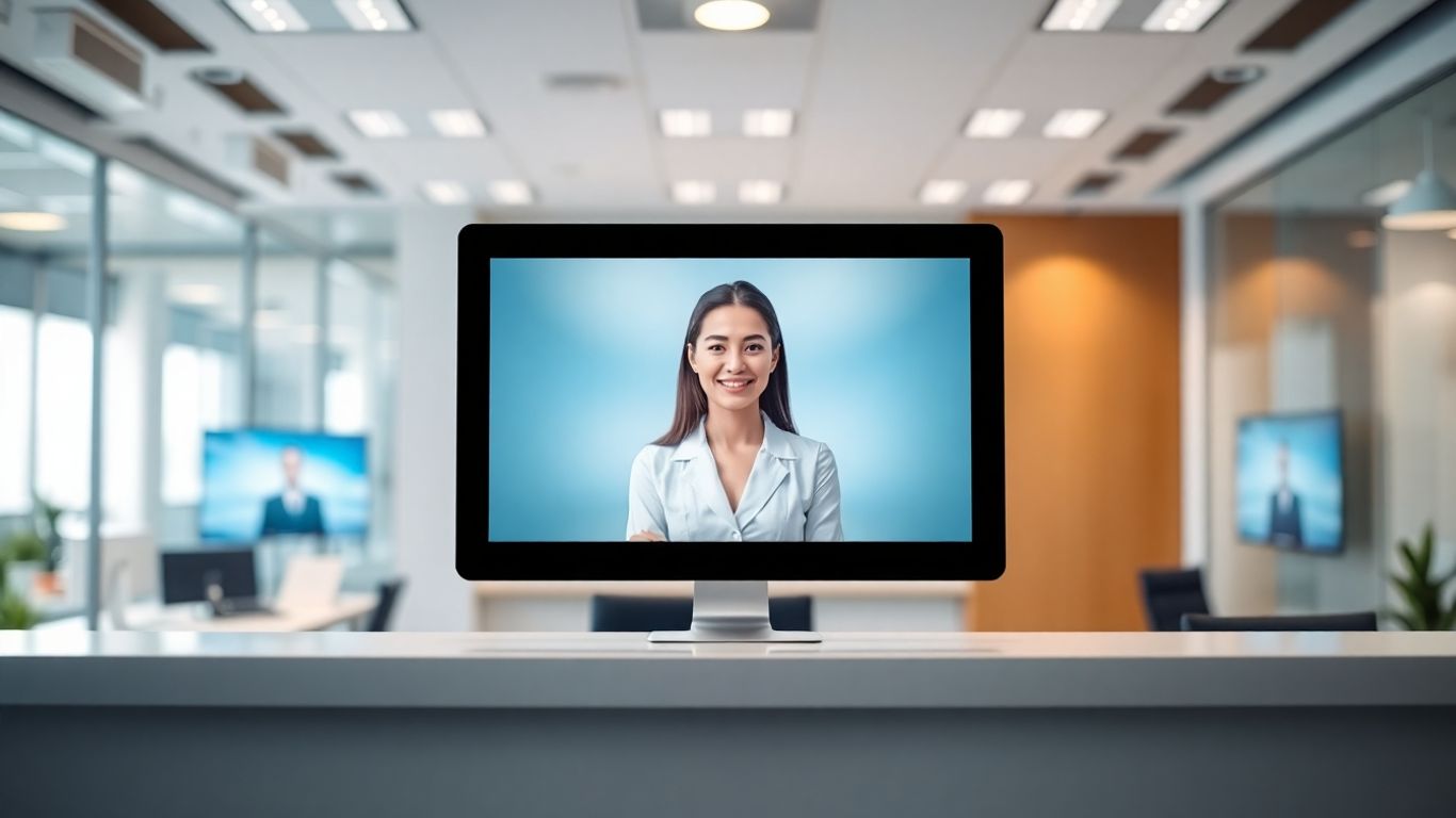 Virtual receptionist avatar on a screen at an office desk.