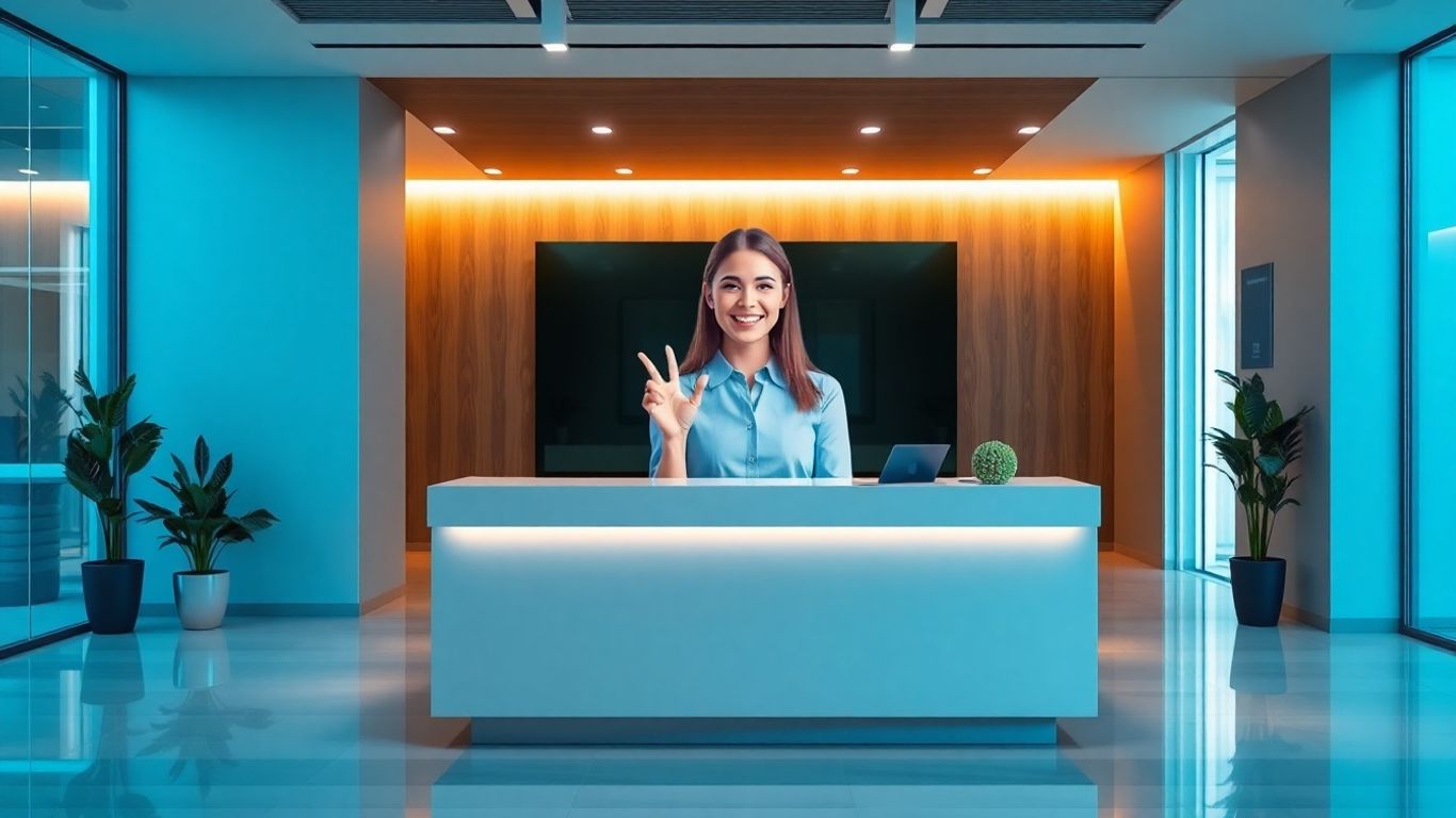 Virtual receptionist avatar on screen in modern office.
