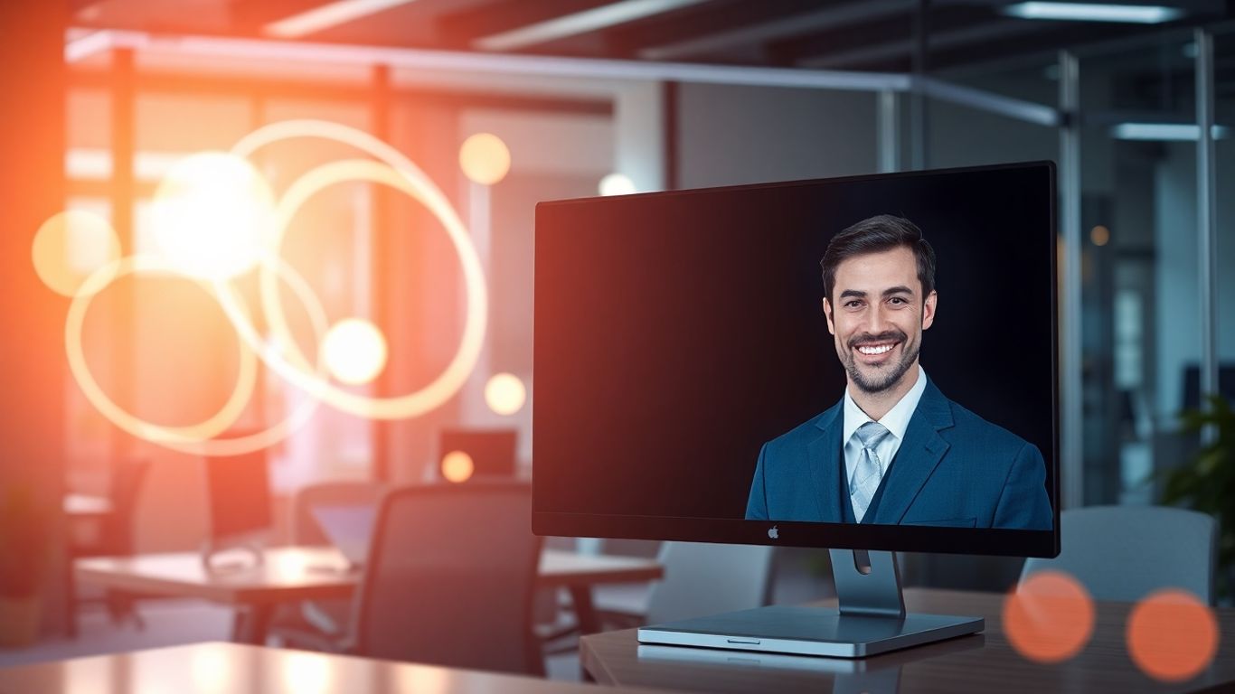 AI receptionist interface with friendly face and glowing shapes.