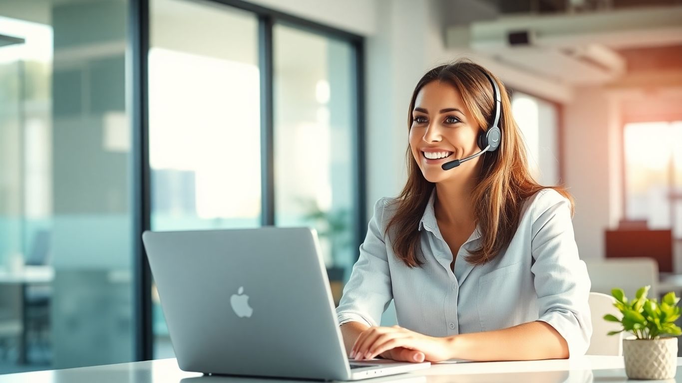 Professional woman wearing a headset in a bright office.