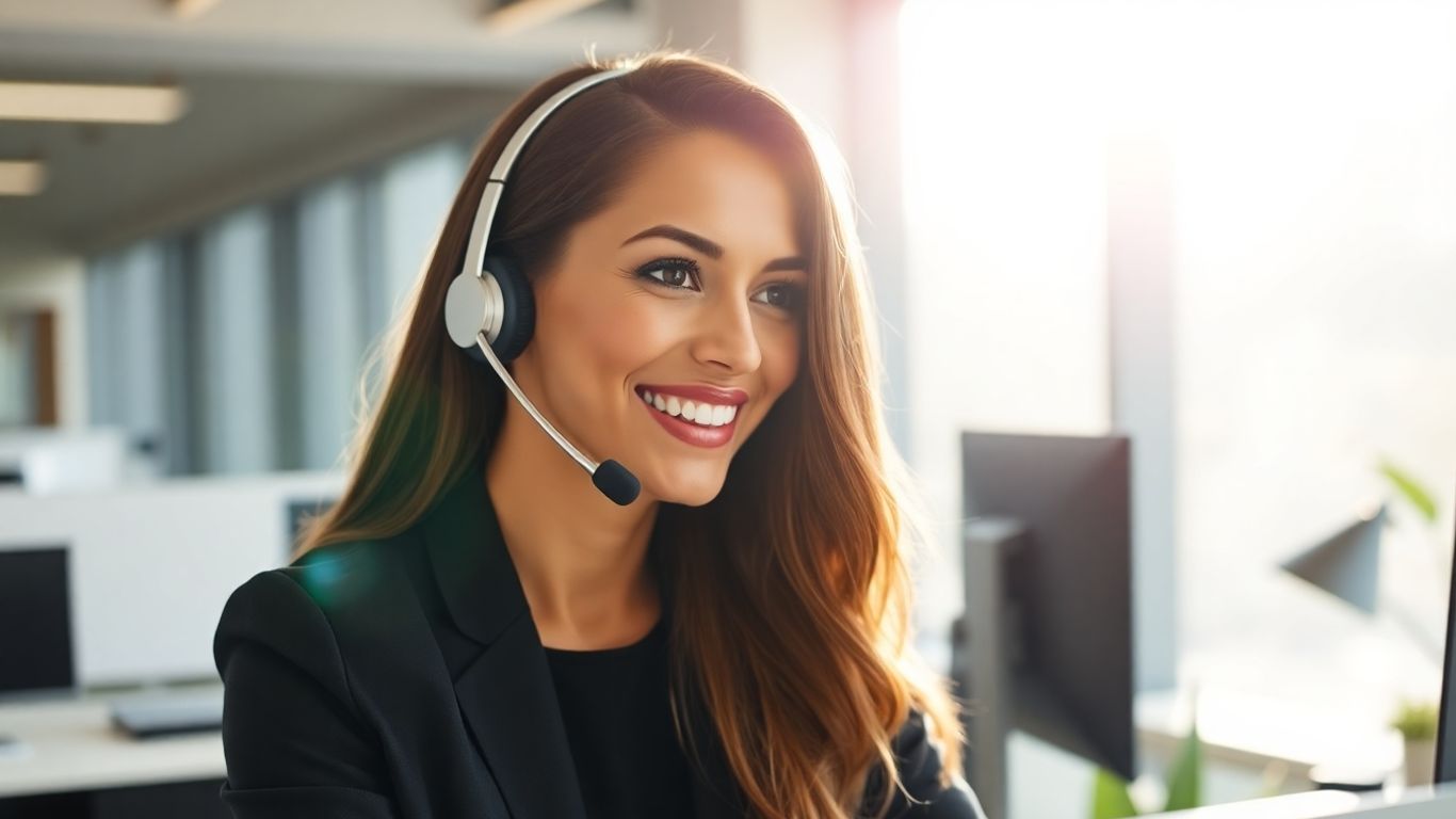 Professional woman wearing a headset in a bright office.