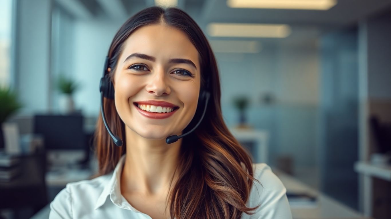 Professional woman with headset in a modern office.
