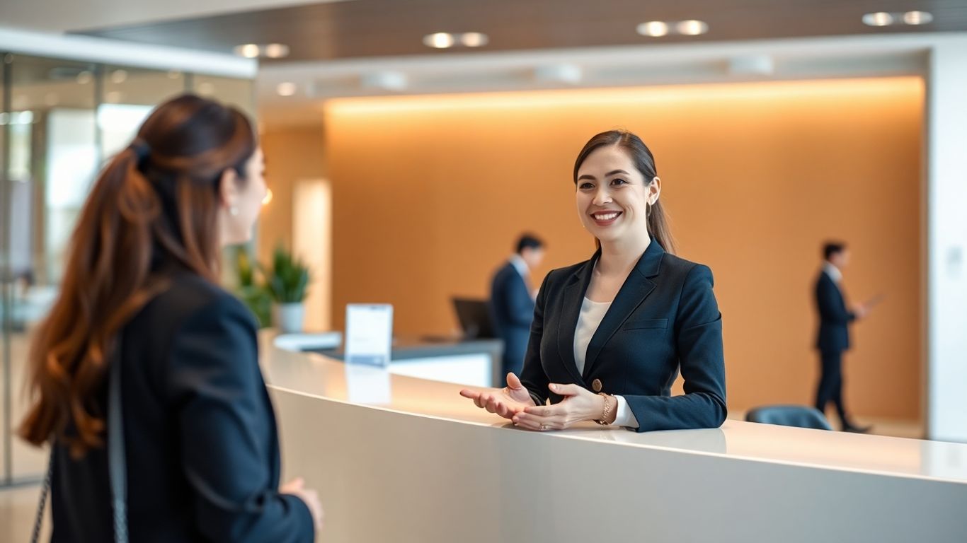 AI receptionist assisting a visitor in a modern office.