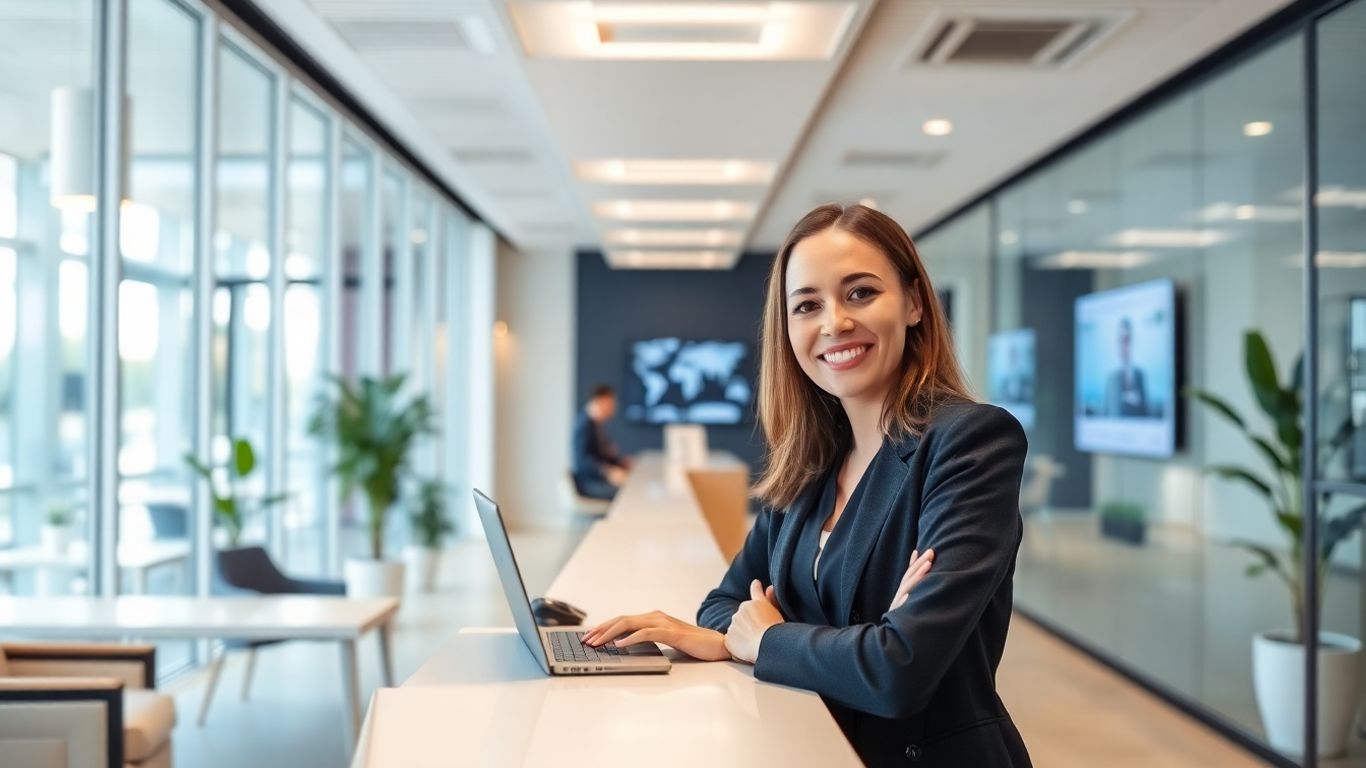Friendly receptionist in a modern office setting.