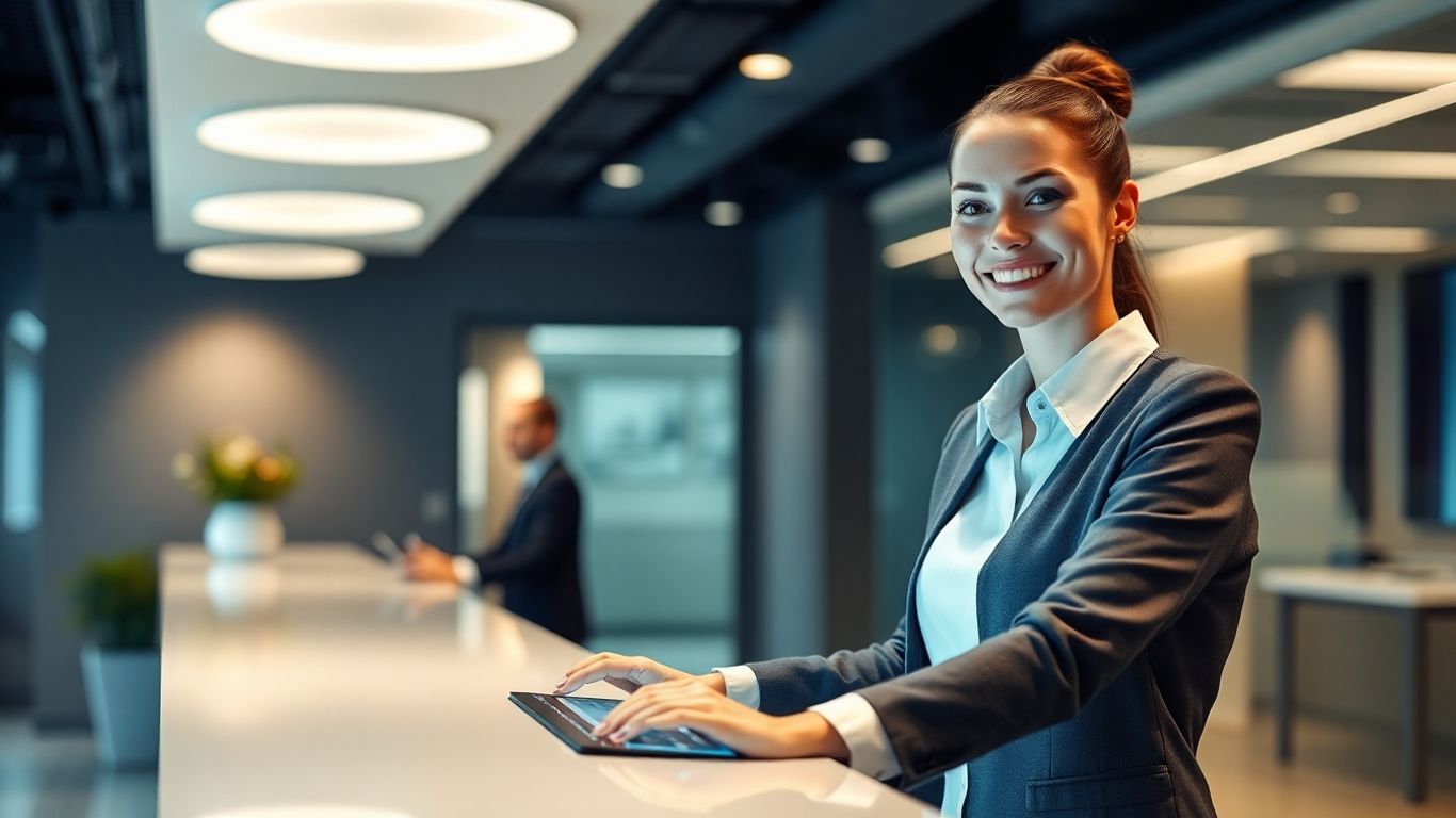 AI receptionist smiling in a modern office