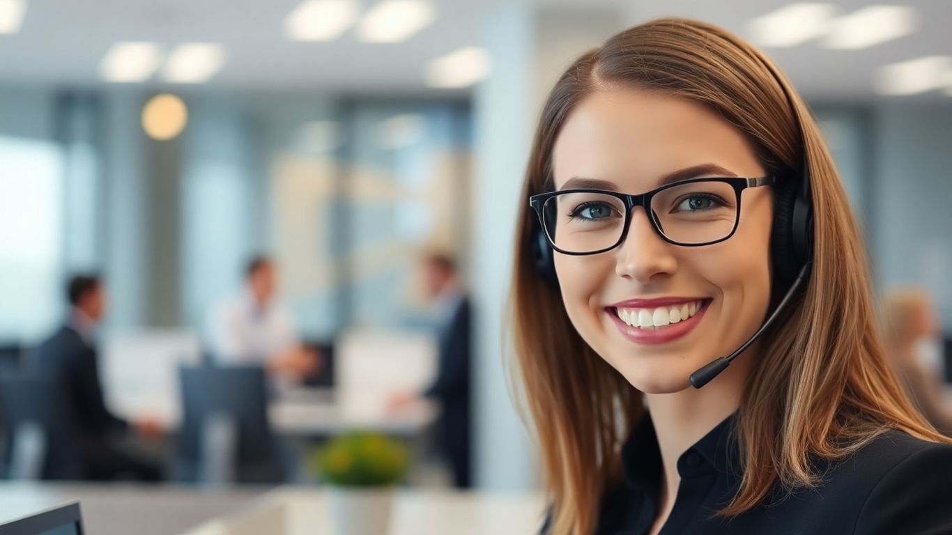Professional receptionist speaking into a headset in an office.
