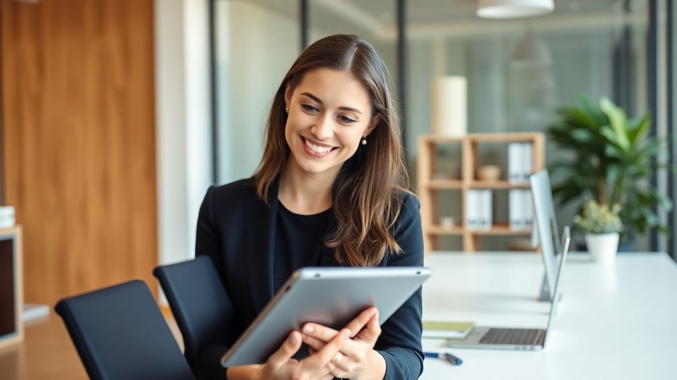 Professional woman using tablet for virtual receptionist scheduling.