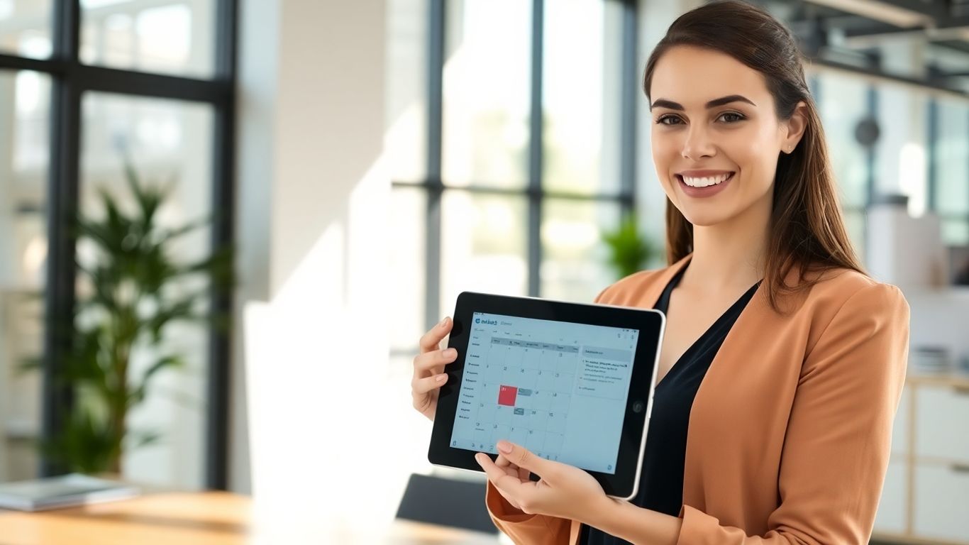 Professional woman using tablet for virtual receptionist scheduling.