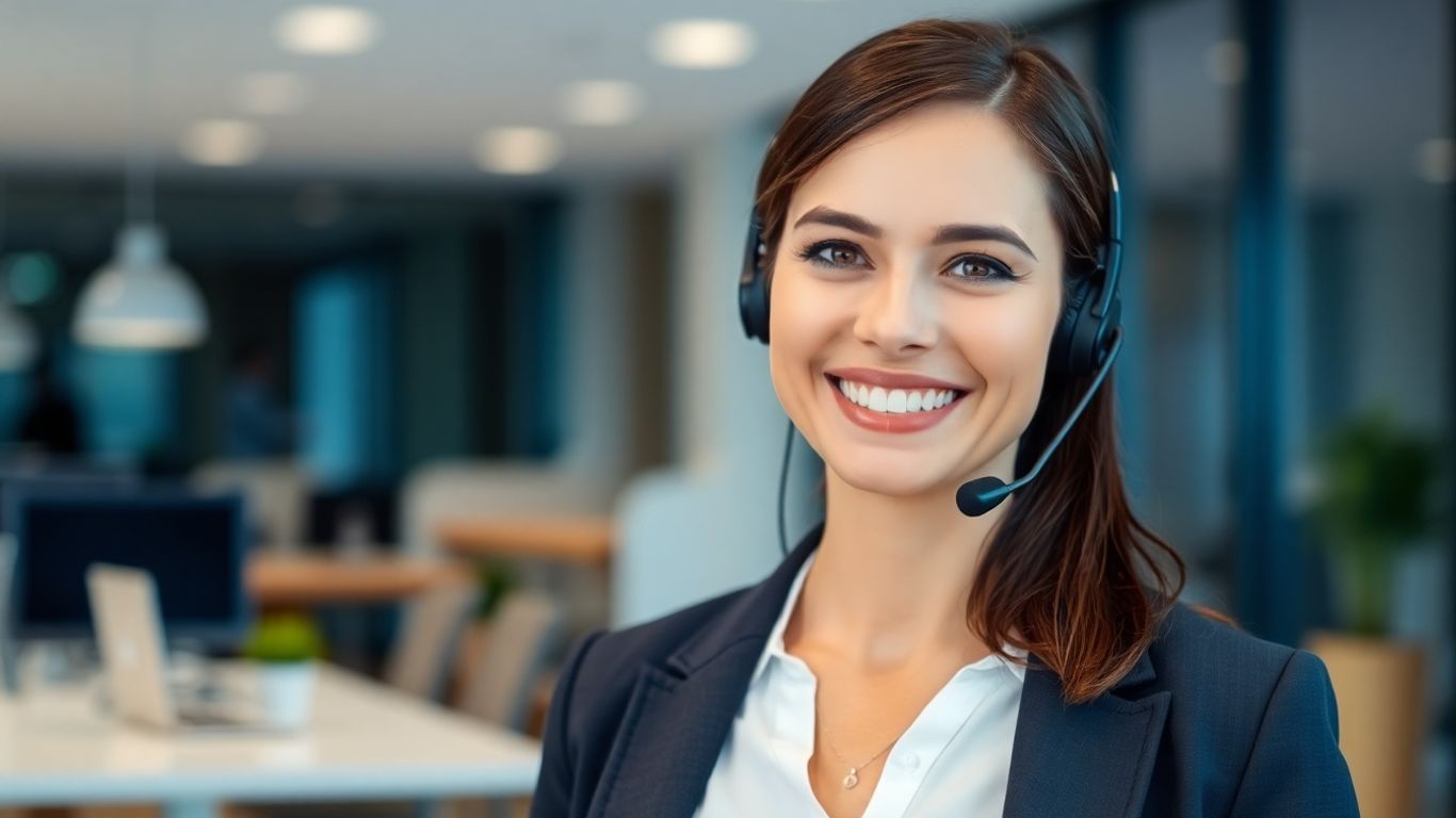 Professional woman using headset for virtual business communication.