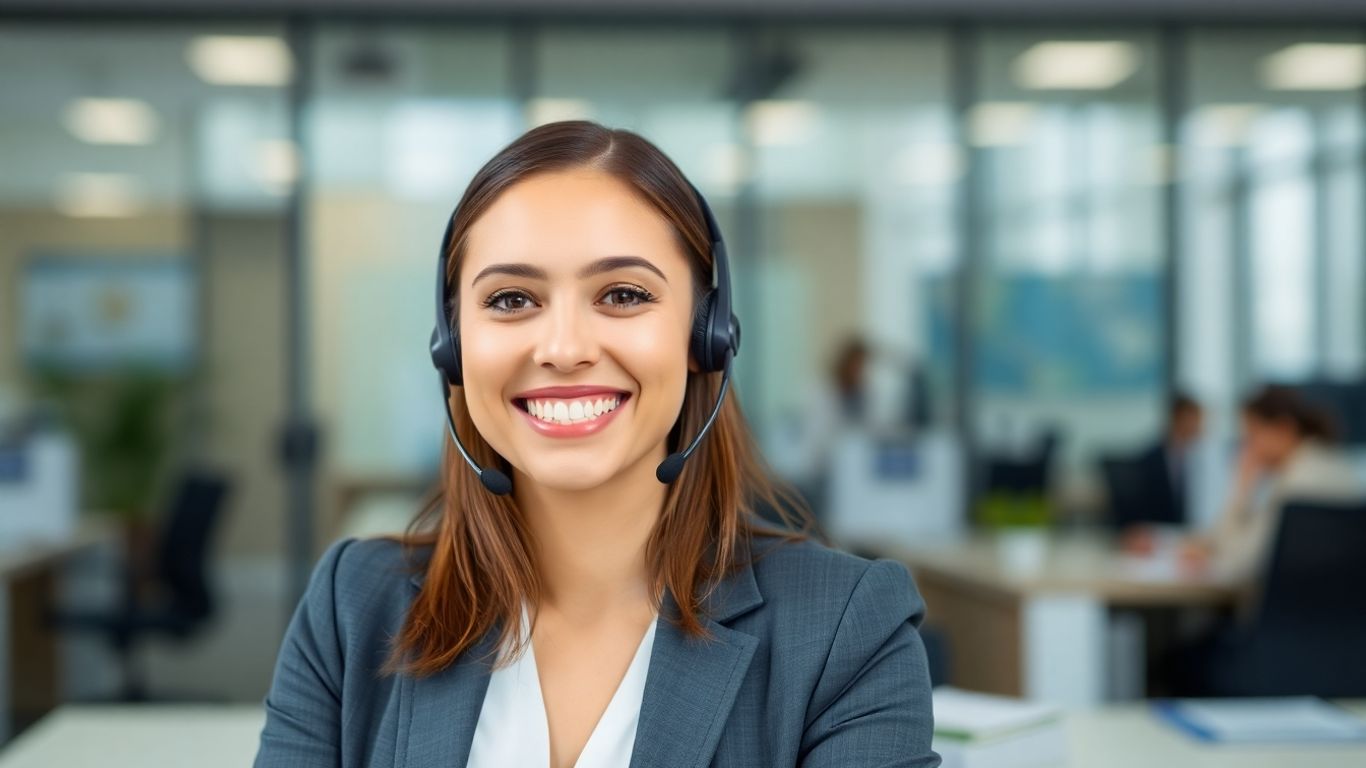 Professional woman with headset, offering excellent customer service.