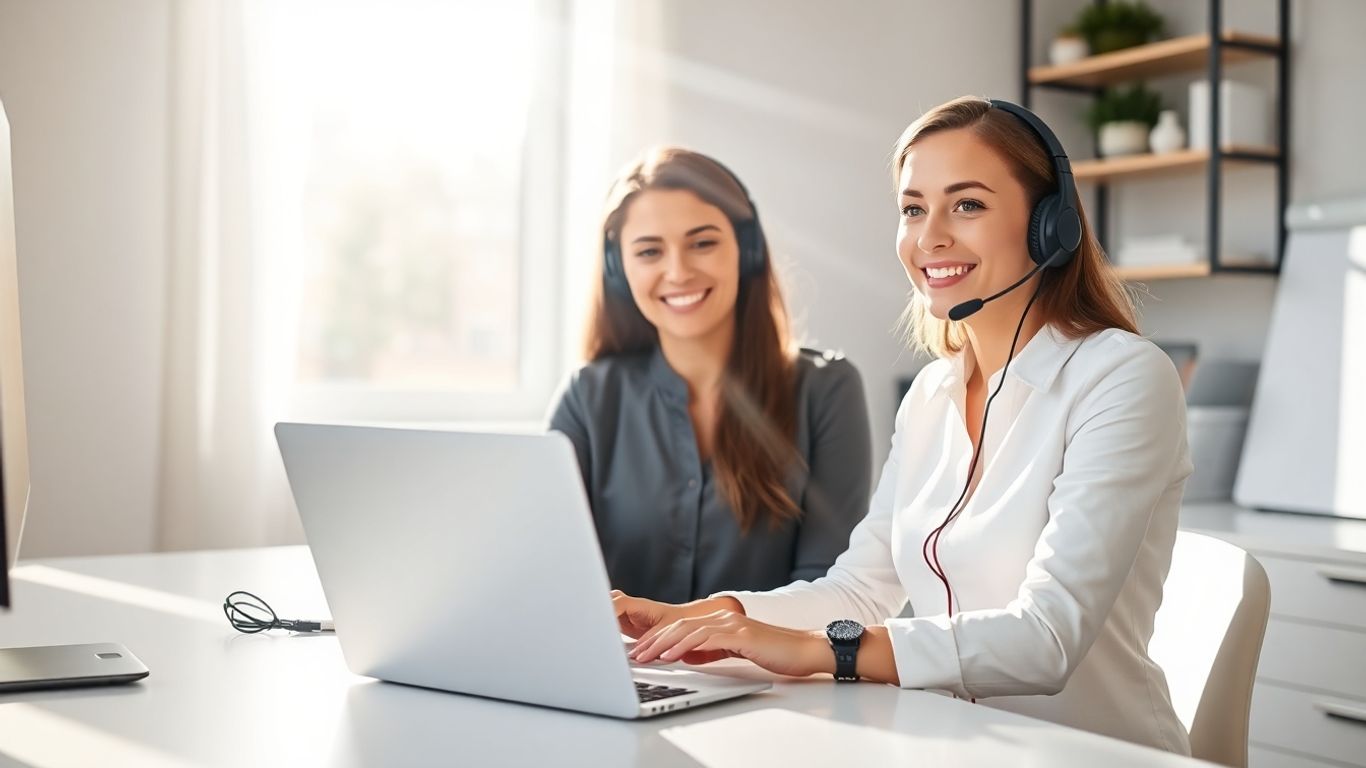 Professional woman working from home with a laptop and headset.
